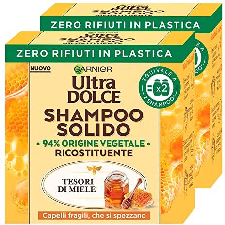 Garnier 2x  Ultra Dolce Shampoo Solido Ricostituente Tesori di Miele con Ingredienti di Origine Naturale per Capelli Fragili che si Spezzano 2 Shampoo Solidi da 60g