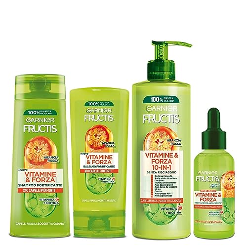 Garnier Fructis Routine Completa Fortificante Vitamina&Forza, Kit con Shampoo, Balsamo e Trattamento 10in1 e Siero Anticaduta, Per Capelli Fragili e Soggetti a Rottura, Arricchito con Vitamine