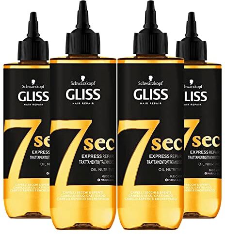 Schwarzkopf 4x  Gliss Hair Repair 7 Sec Express Oil Nutritive Trattamento per Capelli Secchi e Spenti Olio Nutriente Azione Illuminante Idratante 4 Flaconi da 200ml