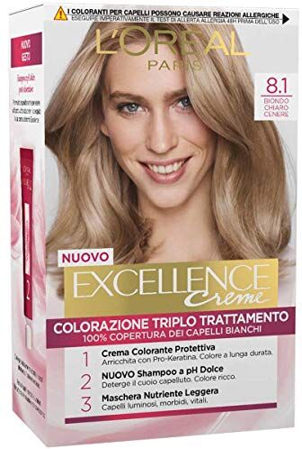 L'ORÉAL L’Oréal Paris Colorazione Triplo Trattamento Excellence, Con Acido Ialuronico, 100% Copertura Capelli Bianchi, Per Capelli Più Idratati, Biondo Chiaro Cenere (8,1)