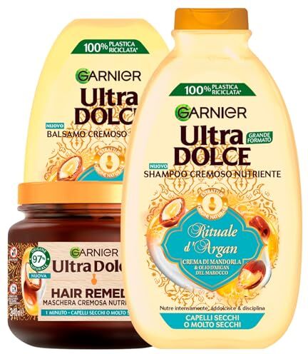 Garnier Balsamo Cremoso Nutriente Rituale d'Argan per Capelli Secchi 360ml + Shampoo Cremoso Nutriente Rituale d'Argan 400ml + Maschera Cremosa Nutriente Hair Remedy 340ml