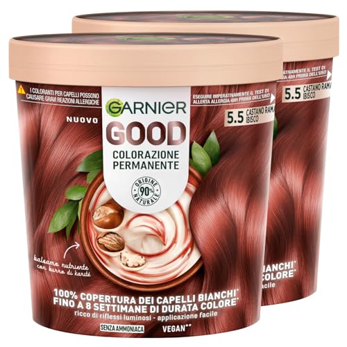 Garnier Good Tinta Colorazione Permanente Fino a 8 Settimane Colore Brillante e Luminoso Copre il 100% dei Capelli Bianchi Formula Vegana Senza Ammoniaca 5.5 Castano Ramato Ibisco 2 Confezioni