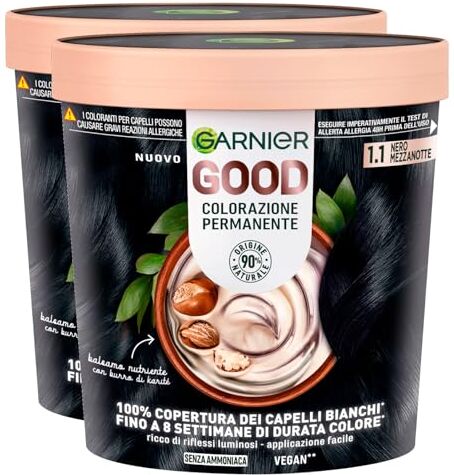 Garnier Good Tinta Colorazione Permanente Fino a 8 Settimane Colore Brillante e Luminoso Copre il 100% dei Capelli Bianchi Formula Vegana Senza Ammoniaca 1.1 Nero Mezzanotte 2 Confezioni