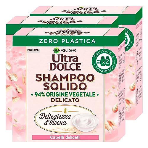 Garnier Ultra Dolce Shampoo Solido Delicato Delicatezza D'Avena con Ingredienti di Origine Naturale per Capelli Normali 3 Shampoo Solidi da 60g