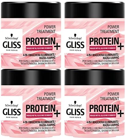 Schwarzkopf 4x  Gliss Hair Repair Power Treatment Protein+ Maschera Illuminante 4in1 Trattamento per Capelli Colorati e Danneggiati Formula Vegana 4 Barattoli da 400ml