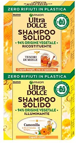 Garnier Ultra Dolce Shampoo Solido Ricostituente Tesori di Miele Capelli Fragili + Shampoo Solido Illuminante Camomilla e Olio di Calendula Biologico Capelli Chiari 2 Shampoo Solidi da 60g