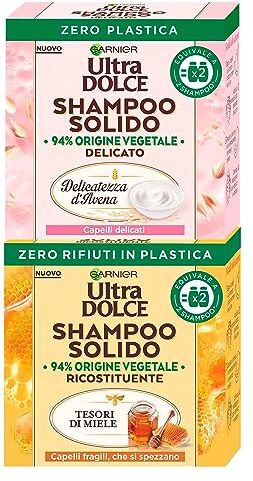 Garnier Ultra Dolce Shampoo Solido Ricostituente Tesori di Miele per Capelli Fragili che si Spezzano + Shampoo Solido Delicato Delicatezza D'Avena per Capelli Normali 2 Shampoo Solidi da 60g