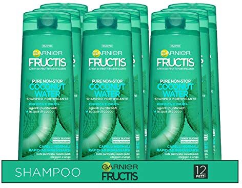 Garnier Multi Pack Shampoo Fructis Pure Non Stop Coconut Water, Shampoo per Capelli Normali, che Tendono a Ingrasssarsi, 250 ml, Confezione da 12