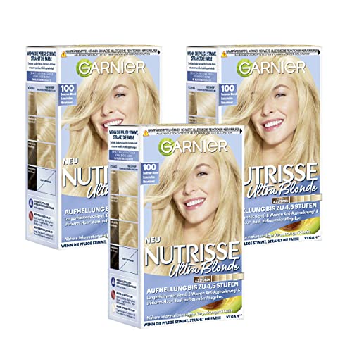 Garnier Nutrisse Creme colorazione naturale polvere glitterata Ambra Blond 9.34/colorazione per capelli per permanente colore dei capelli (con 3 naehrenden Oli) – 3 X 1 pezzi