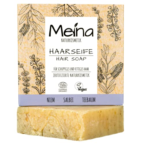 Meina Cosmetico naturale – Sapone biologico per capelli grassi contro la forfora con salvia e tea tree, certificato, vegano, sostenibile, fatto a mano, senza plastica, senza olio di palma, come uno