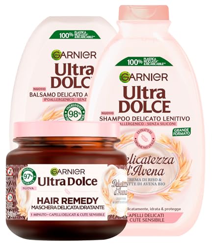 Garnier Ultra Dolce Shampoo + Balsamo + Maschera per Capelli Delicati e Cute Sensibile Delicatezza d'Avena con Crema di Riso e Latte di Avena Bio Idratante Ingredienti di Origine Naturale 3 Prodotti