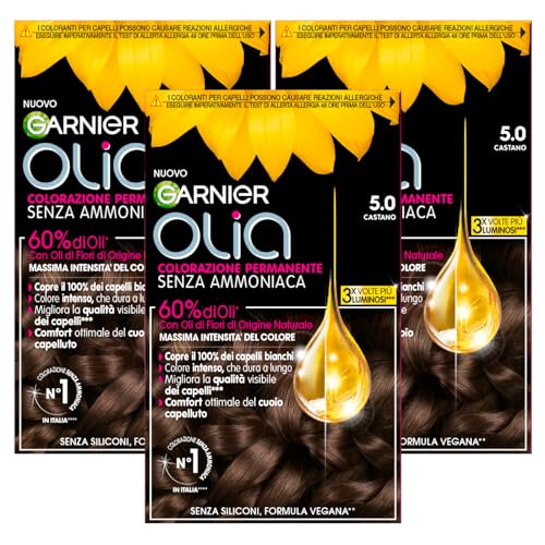 Garnier Olia Colorazione Capelli Tinta Permanente Colore 5.0 Castano Senza Ammoniaca Fragranza Delicata con Oli di Fiori di Origine Naturale 3 Tinte