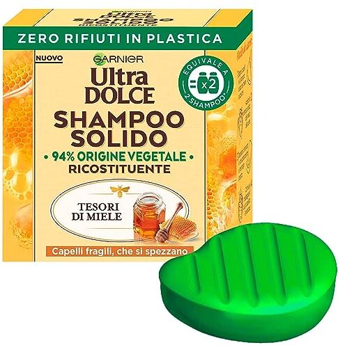 Garnier Ultra Dolce Shampoo Solido Ricostituente Tesori di Miele per Capelli Fragili che si Spezzano con Miele d’Acacia e Cera d’Api e Ingredienti di Origine Vegetale Saponetta da 60g + Porta Shampoo