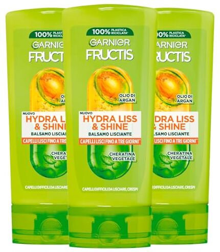 Garnier Fructis Hydra Liss e Shine Balsamo Lisciante per Capelli Crespi Formula Vegana con Olio di Argan e Cheratina Vegetale Ammorbidisce e Illumina 3 flaconi da 200 ml