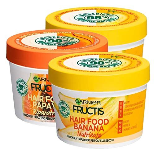 Garnier 2x  Fructis Hair Food Banana Maschera Nutriente per Capelli Secchi + Hair Food Papaya Maschera per Capelli Danneggiati 3 Maschere Capelli da 390ml ognuna