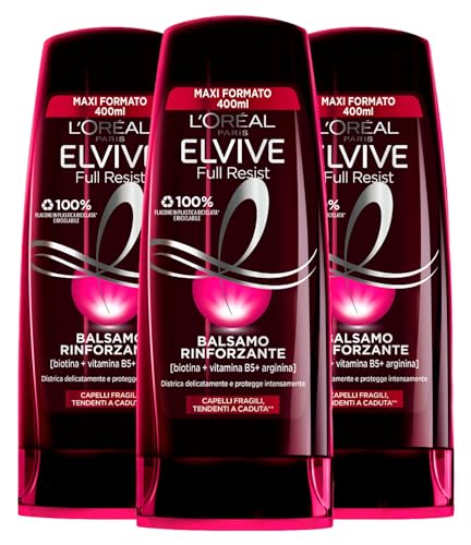 L'Oreal L'Oréal Paris Elvive Full Resist Balsamo Rinforzante Protettivo per Capelli Fragili e Tendenti a Caduta Nutriente Ristrutturante Districante con Biotina Vitamina B5 Arginina 3 Flaconi da 400ml