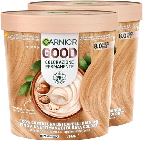 Garnier Good Tinta Colorazione Permanente Fino a 8 Settimane Colore Brillante e Luminoso Copre il 100% dei Capelli Bianchi Formula Vegana Senza Ammoniaca 8.0 Biondo Miele 2 Confezioni