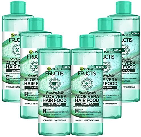 Garnier Shampoo Aloe Vera per capelli normali a secchi, shampoo detergente e delicato con formula vegana e ingredienti naturali, Fructis Hair Food, 6 x 400 ml