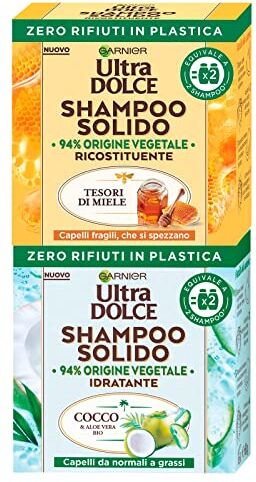 Garnier Ultra Dolce Shampoo Solido Ricostituente Tesori di Miele per Capelli Fragili + Shampoo Solido Idratante Cocco e Aloe Vera Bio per Capelli Normali o Grassi 2 Shampoo Solidi da 60g