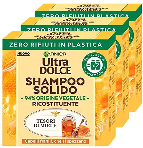 Garnier 3x  Ultra Dolce Shampoo Solido Ricostituente Tesori di Miele con Ingredienti di Origine Naturale per Capelli Fragili che si Spezzano 3 Shampoo Solidi da 60g