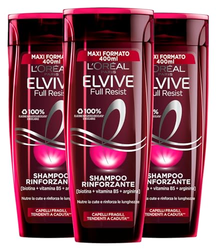 L'Oreal L'Oréal Paris Elvive Full Resist Shampoo Rinforzante per Capelli Fragili e Tendenti a Caduta Formula Nutriente e Ristrutturante con Biotina Vitamina B5 Arginina Effetto Protettivo 3 Flaconi da 400ml