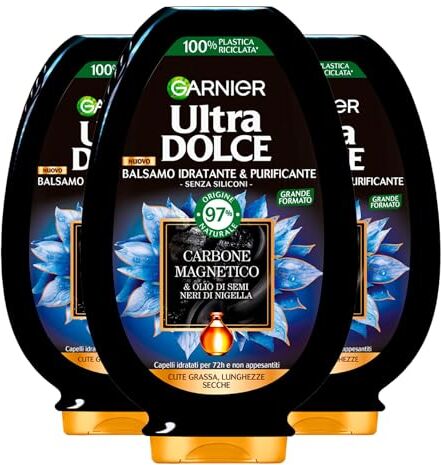 Garnier Ultra Dolce Balsamo Idratante Purificante per Capelli con Cute Grassa e Lunghezze Secche con Carbone Magnetico e Olio di Semi Neri di Nigella Vegan 97% di Origine Naturale 3 Flaconi da 360ml