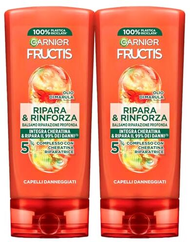 Garnier Fructis Ripara e Rinforza Balsamo Riparazione Profonda per Capelli Danneggiati con Olio di Marula e Cheratina Nutriente ed Elasticizzante 2 Flaconi da 200ml