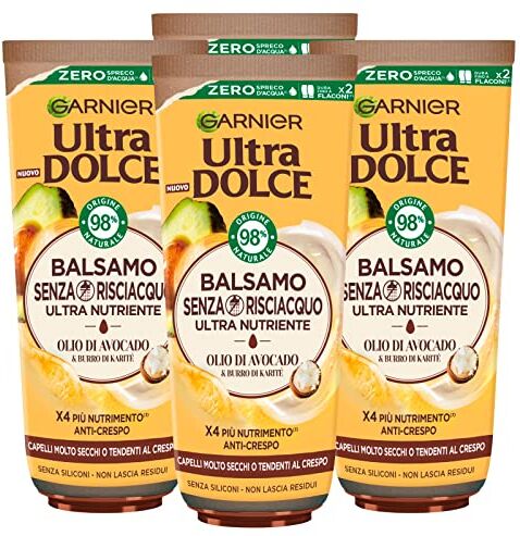 Garnier Ultra Dolce Balsamo Nutriente per Capelli Molto Secchi o Crespi Formula Senza Risciacquo con Ingredienti 98% di Origine Naturale Olio di Avocado e Burro di Karité 4 Flaconi da 200ml