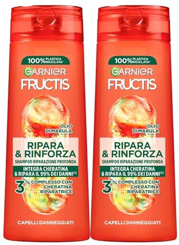 Garnier Fructis Ripara e Rinforza Shampoo Riparazione Profonda per Capelli Danneggiati con Olio di Marula e Cheratina Nutriente ed Elasticizzante 2 Flaconi da 250ml