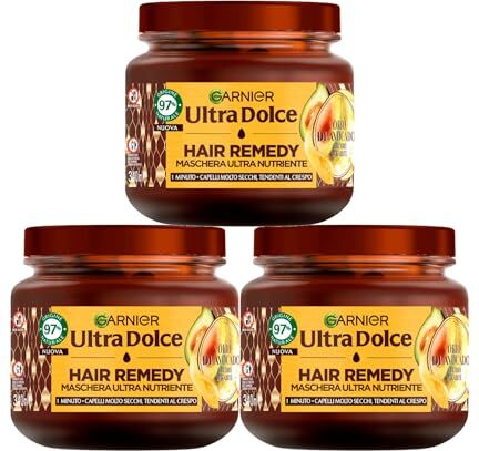 Garnier Ultra Dolce Maschera Ultra Nutriente per Capelli Molto Secchi Tendenti al Crespo Hair Remedy Olio di Avocado e Burro di Karité Vegan Ingredienti 97% di Origine Naturale 3 Barattoli da 340ml