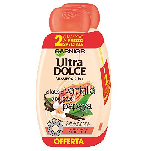Garnier Ultra Dolce Shampoo 2in1 al Latte di Vaniglia e Popa di Papaya per Capelli Lunghi e Punte Fragili, senza Parabeni, 300 ml, 3 Confezioni da 2