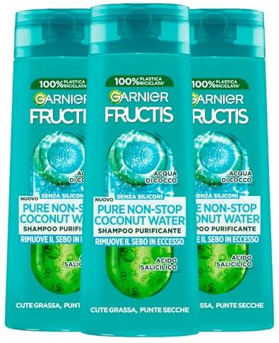 Garnier Fructis Pure Non-Stop Coconut Water Shampoo Purificante Cute Grassa Punte Secche con Acqua di Cocco Rimuove Sebo in Eccesso Senza Siliconi 3 flaconi da 250 ml