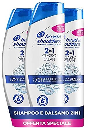 Head & Shoulders Shampoo Antiforfora Classic Clean 2 in 1 Shampoo e Balsamo, Confezione da 3 x 540ml, per Capelli Grassi, Senza Parabeni, Fino a 72 Ore di Protezione