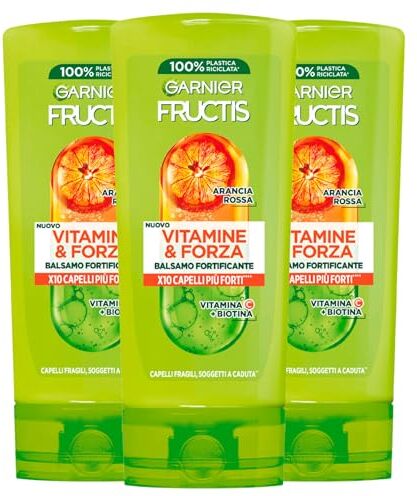 Garnier Fructis Vitamine e Forza Balsamo Fortificante per Capelli Fragili Soggetti a Caduta con Arancia Rossa Biotina Vitamina E 3 Flaconi da 200ml