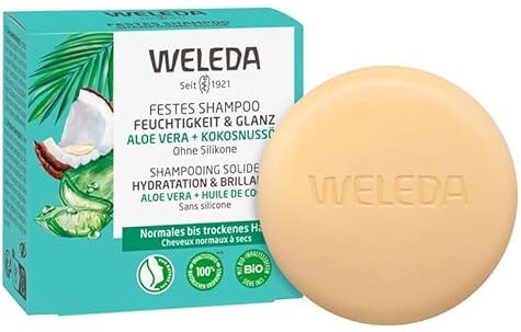 Weleda Shampoo biologico solido, idratante e lucentezza – sapone naturale per capelli dall'aspetto sano con aloe vera, olio di cocco e proteine di canapa. Shampoo per capelli naturale senza siliconi