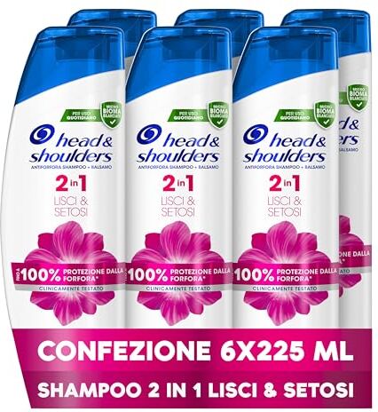 Head Antiforfora Shampoo e Balsamo 2in1 Lisci e Setosi, per Capelli Secchi, Fino Protezione da Forfora per Cute e Capelli, Clinicamente Provato, 225ml x6