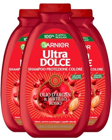 Garnier Ultra Dolce Shampoo Protezione Colore per Capelli Colorati o con Meches Olio d'Argan e Mirtillo Rosso Nutriente Ravvivante Protettivo con Estratti di Origine Naturale 3 Flaconi da 400ml