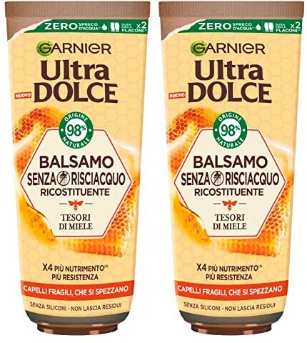 Garnier Ultra Dolce Balsamo Ricostituente per Capelli Fragili che si Spezzano Formula Senza Risciacquo con Ingredienti 98% di Origine Naturale Tesori di Miele 2 Flaconi da 200ml