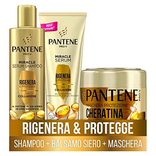 Pantene Miracles, Protezione Cheratina, Rigenera E Protegge, Set Regalo: Serum Shampoo 250ml, Balsamo Siero 200ml, Maschera 300ml, Con Peptidi Di Collagene, Per Capelli Deboli E Danneggiati