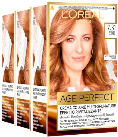 L'Oreal L'Oréal Paris Excellence Age Perfect Crema Colore Multi-Sfumature Rivitalizzante Anti Età Copre Capelli Bianchi Facile Applicazione Colore 7.31 Biondo Ambra 3 Confezioni