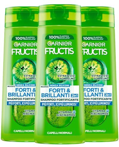 Garnier Fructis Forti e Brillanti 2in1 Shampoo Fortificante Capelli Normali con Estratto di Pompelmo Vitamina B6 Niacinamide Capelli Forti e Luminosi 3 flaconi da 250 ml