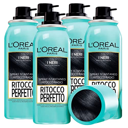 L'Oreal L'Oréal Paris Ritocco Perfetto Spray per Capelli Neri Correttore Istantaneo Radici Contro Ricrescita Copertura Temporanea Capelli Bianchi Formula No Transfer ad Asciugatura Rapida 5 Flaconi da 75ml