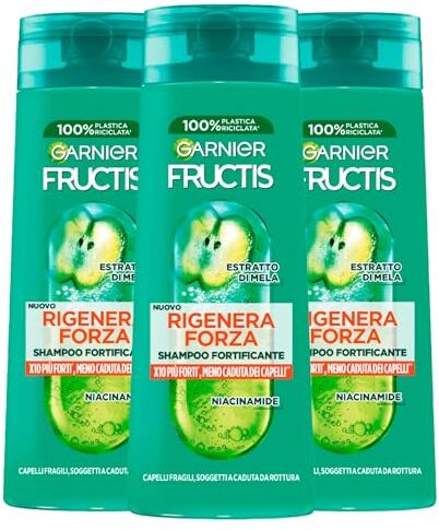 Garnier Fructis Rigenera Forza Shampoo Fortificante Capelli Fragili con Estratto di Mela e Niacinamide Aspetto Sano Luminoso 3 flaconi da 250 ml