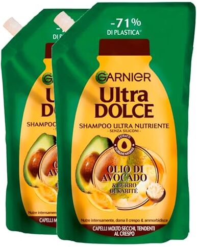 Garnier Ultra Dolce Shampoo Ultra Nutriente per Capelli Molto Secchi e Tendenti al Crespo con Olio di Avocado e Burro di Karité Anti-Crespo Ammorbidente Vegan di Origine Naturale 2 Buste da 500ml