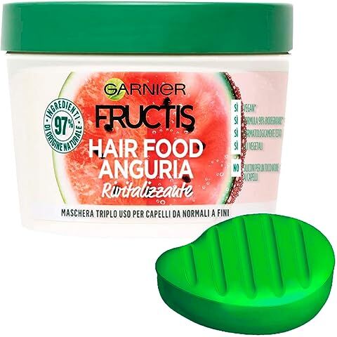 Garnier Fructis Hair Food Maschera Anguria Rivitalizzante per Capelli da Normali a Fini Formula con Ingredienti 97% di Origine Naturale Barattolo da 390ml + Porta Shampoo