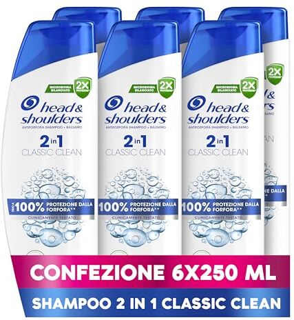 Head & Shoulders Shampoo e Balsamo Antiforfora 2 in 1 Classic Clean, Sensazione Di Freschezza 6x250ml