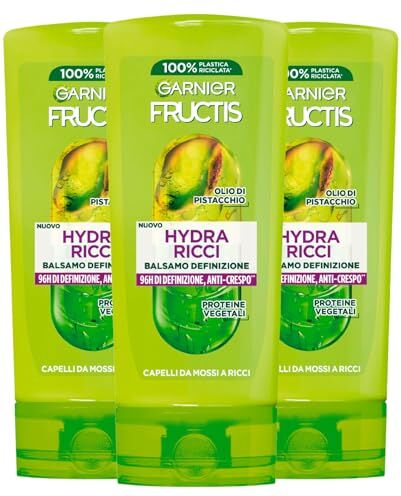 Garnier Fructis Hydra Ricci Balsamo Definizione Capelli da Mossi a Ricci con Olio di Pistacchio Azione Anti Crespo 96H Illumina e Ammorbidisce 3 flaconi da 200 ml