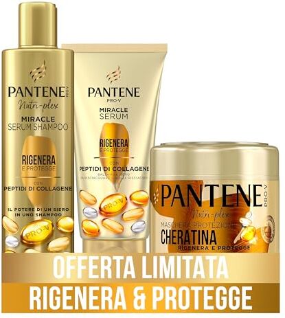 Pantene Pro-V Miracles, Protezione Cheratina, Rigenera E Protegge, Set Regalo: Serum Shampoo 250ml, Balsamo Siero 200ml, Maschera 300ml, Con Peptidi Di Collagene, Per Capelli Deboli E Danneggiati