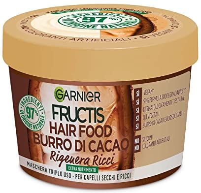 Garnier Fructis Hair Food Burro di Cacao Rigenerante, Maschera per Capelli Secchi e Ricci, 97% di Ingredienti di Origine Naturale, Senza Siliconi, 390 ml