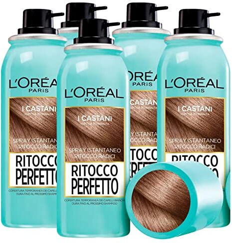 L'Oreal L'Oréal Paris Ritocco Perfetto Spray per Capelli Castani Correttore Istantaneo Radici Contro Ricrescita Copertura Temporanea Capelli Bianchi Formula No Transfer Asciugatura Rapida 5 Flaconi da 75ml